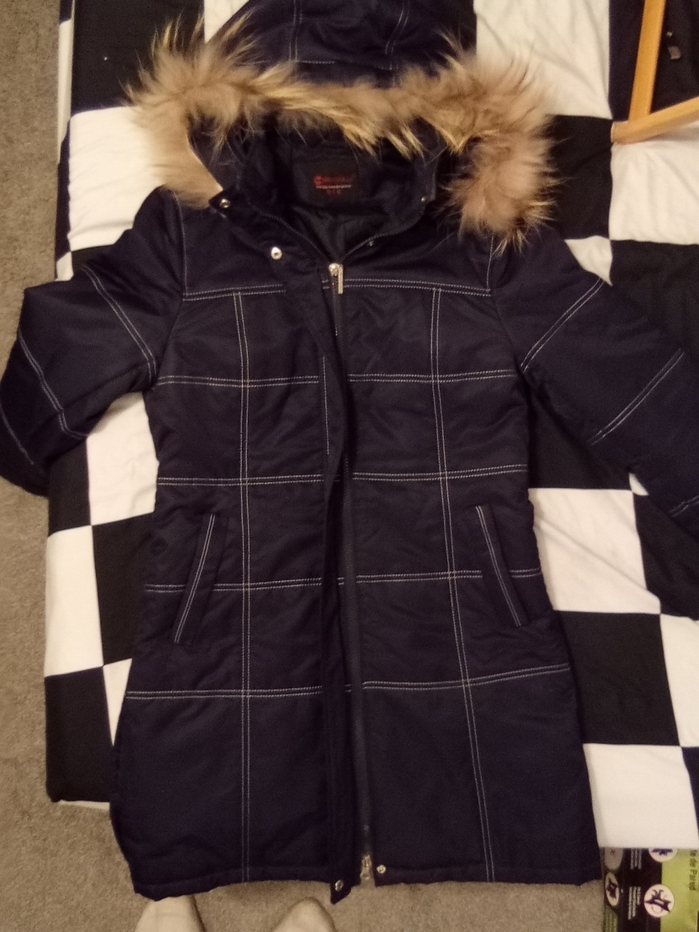 Women’s Navy Trench Coat with Faux Fur Trim Hood